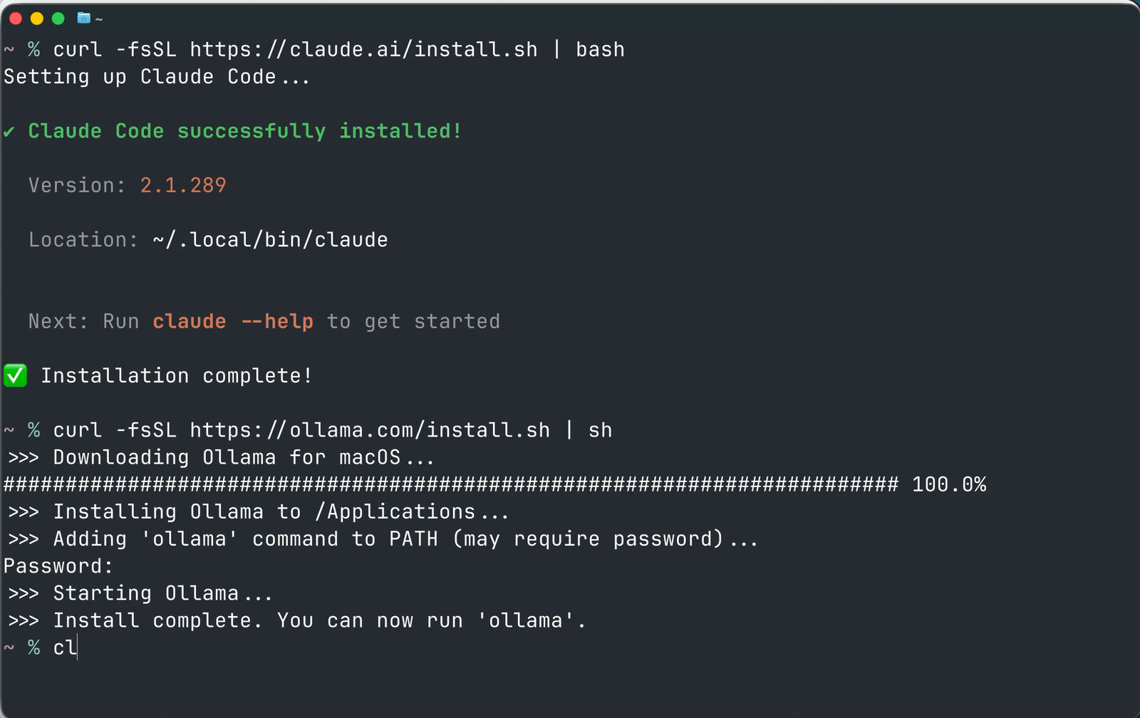 Terminal showing Claude Code and Ollama installed successfully