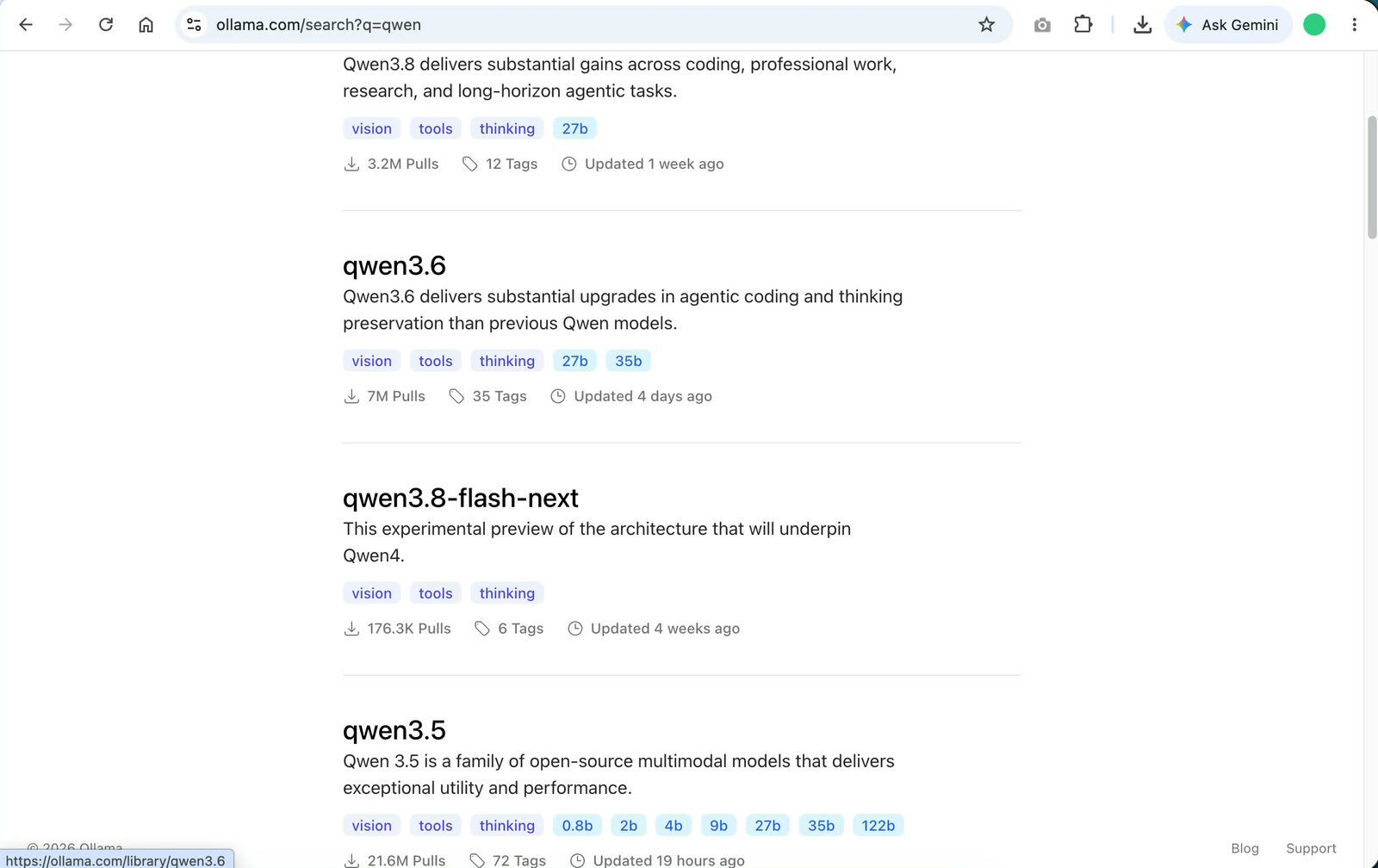 Ollama models page listing Qwen 3.6 and Qwen 3.5