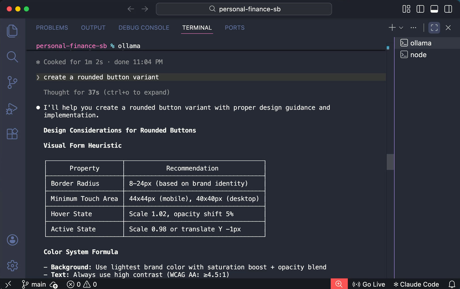 Qwen’s response in Claude Code: a design spec table instead of edited files