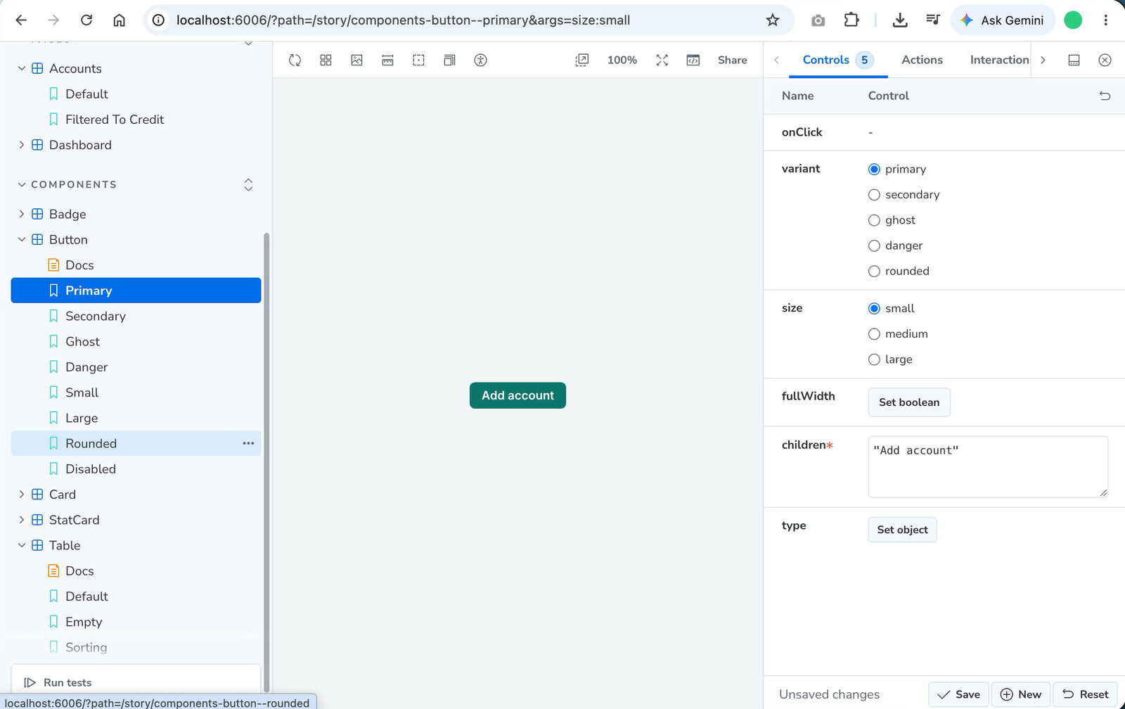 Storybook showing the new Rounded button variant created by gpt-oss