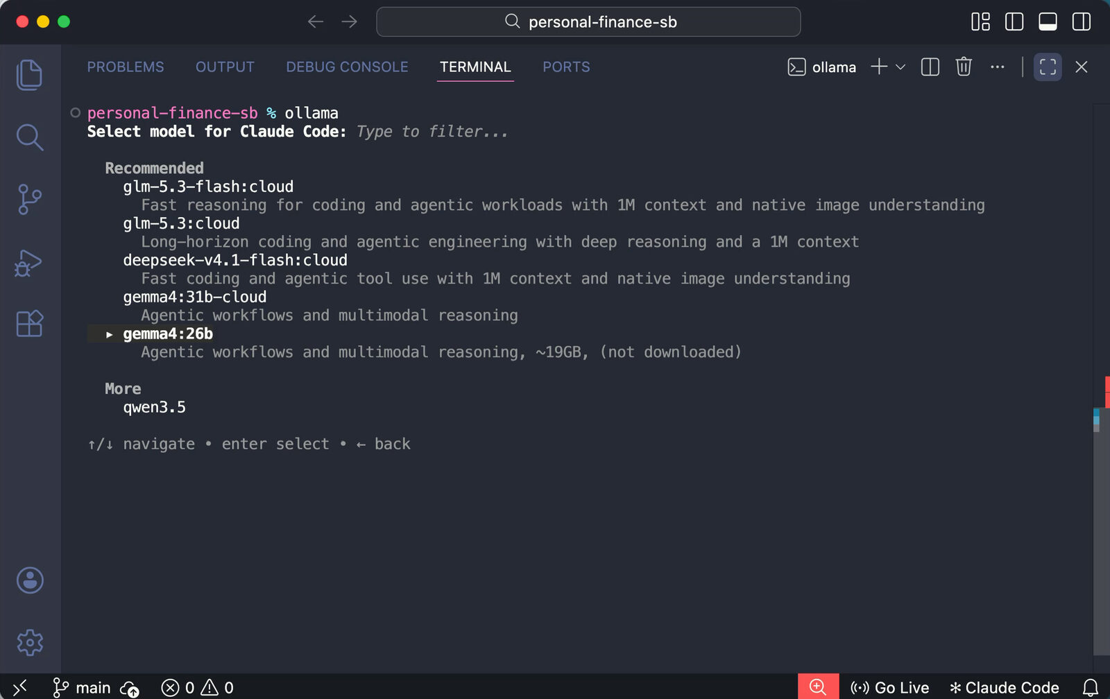 Ollama’s model picker for Claude Code, with recommended cloud models and local Qwen 3.5