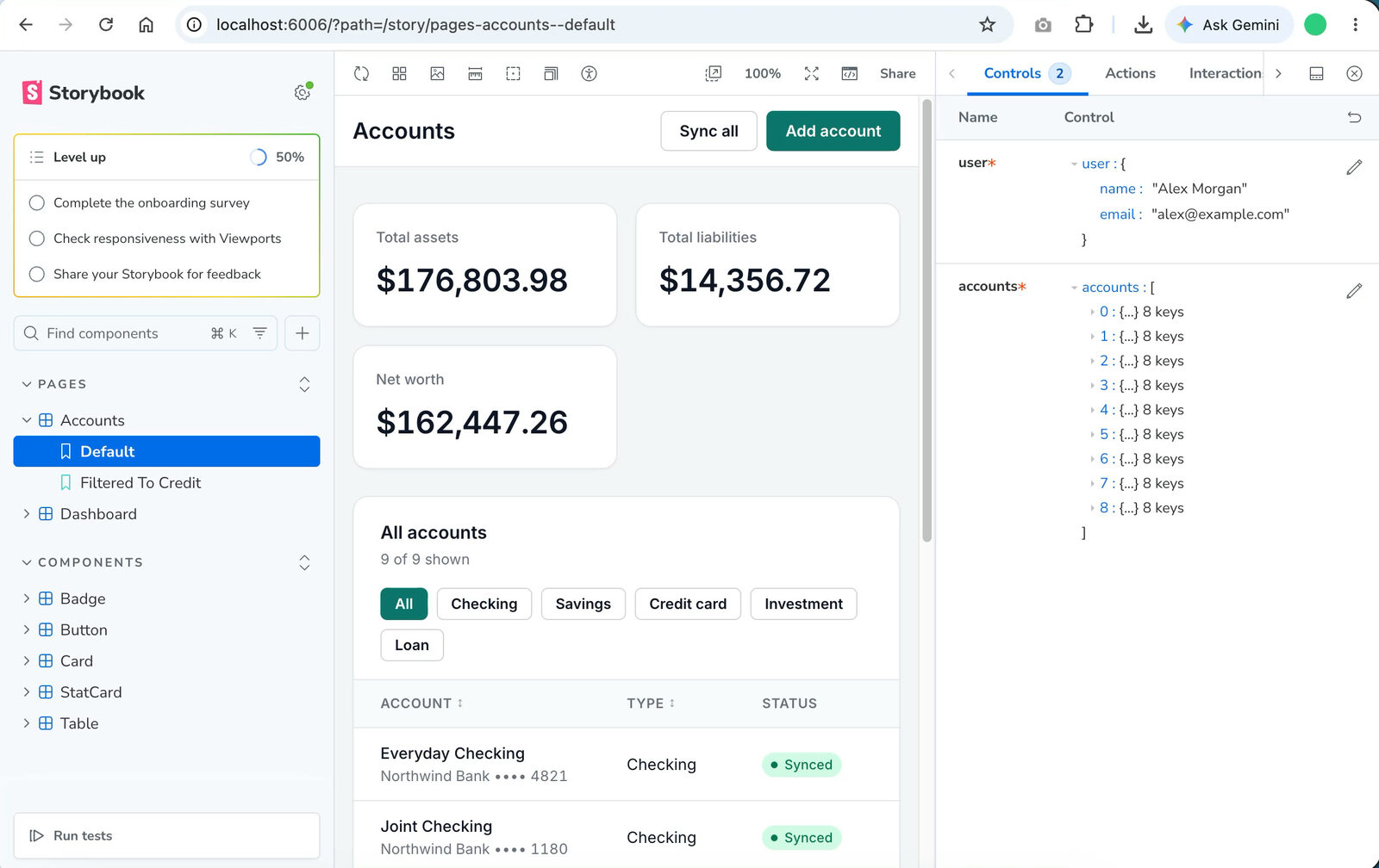 Storybook showing a personal finance dashboard with account balances