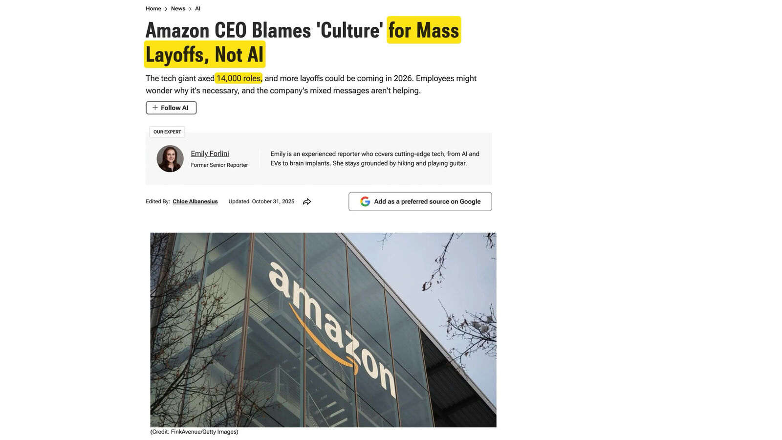 Article headline: Amazon CEO blames ‘culture’ for mass layoffs, not AI