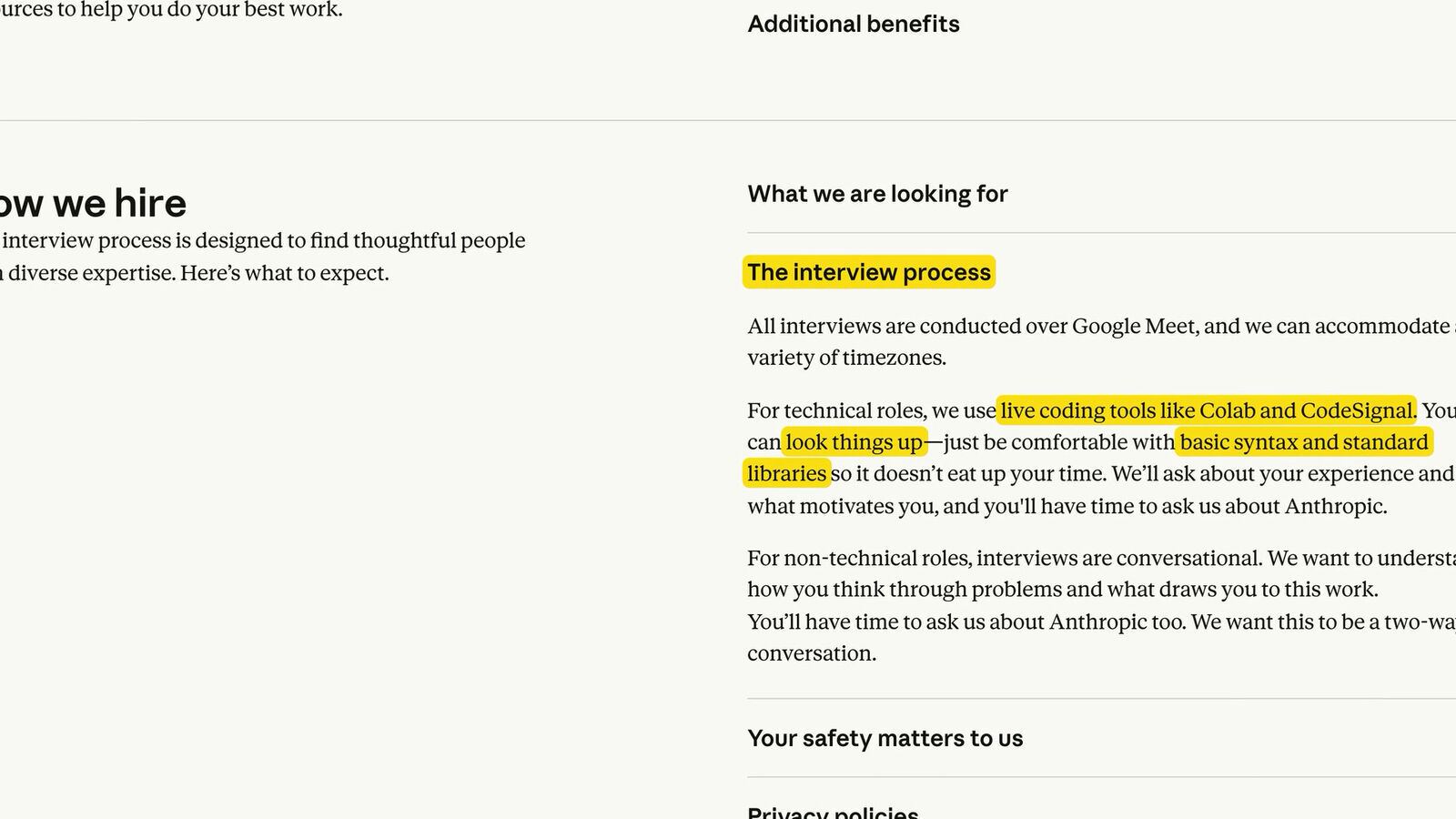 Anthropic’s “How we hire” page describing the technical interview process