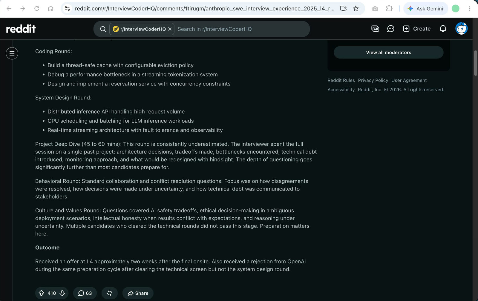 Reddit post describing Anthropic’s coding and system design interview rounds