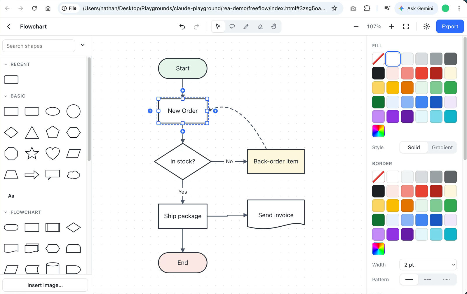 FreeFlow flowchart template with an order-processing diagram