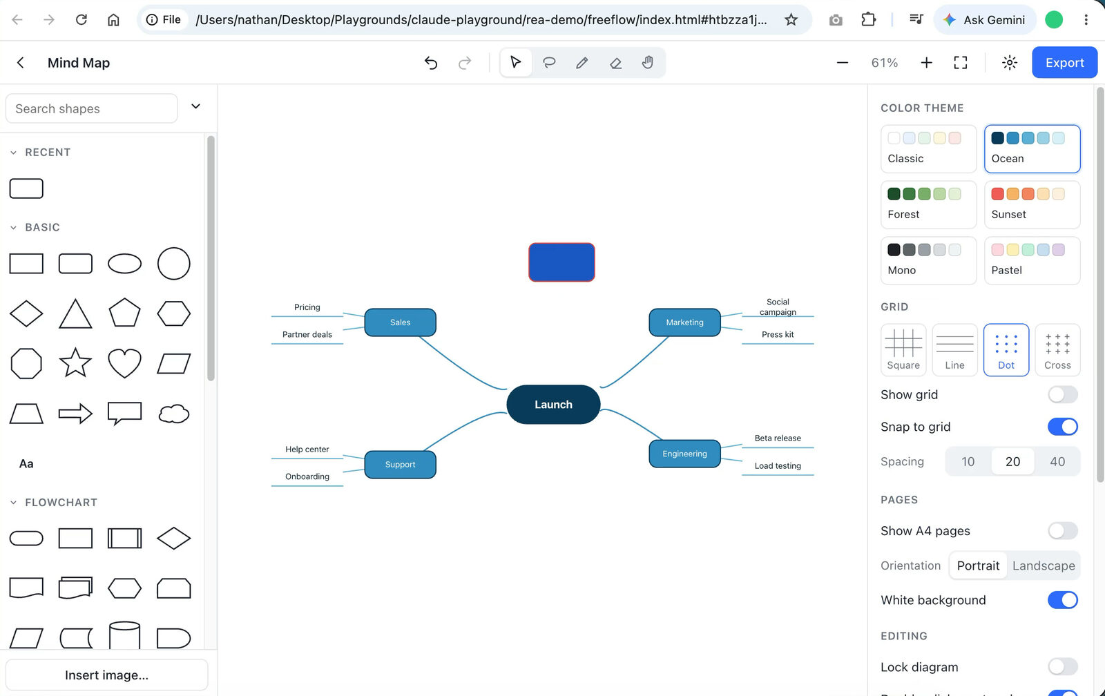 FreeFlow, the cloned app, showing a mind map template