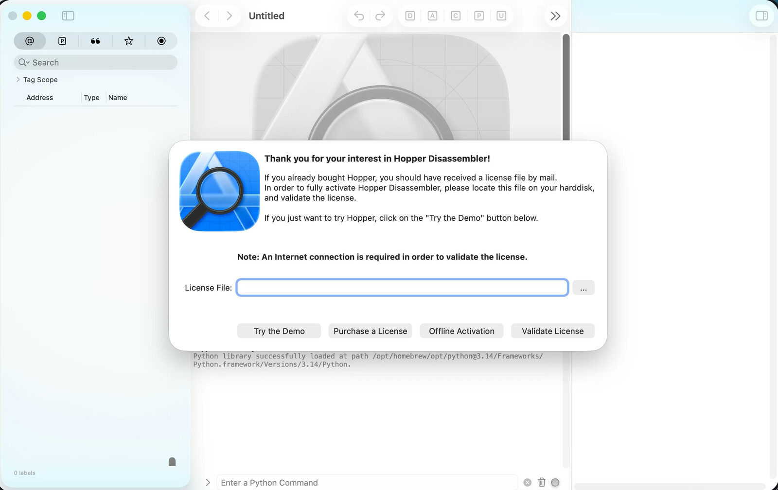 Hopper Disassembler’s license dialog with the “Try the Demo” option