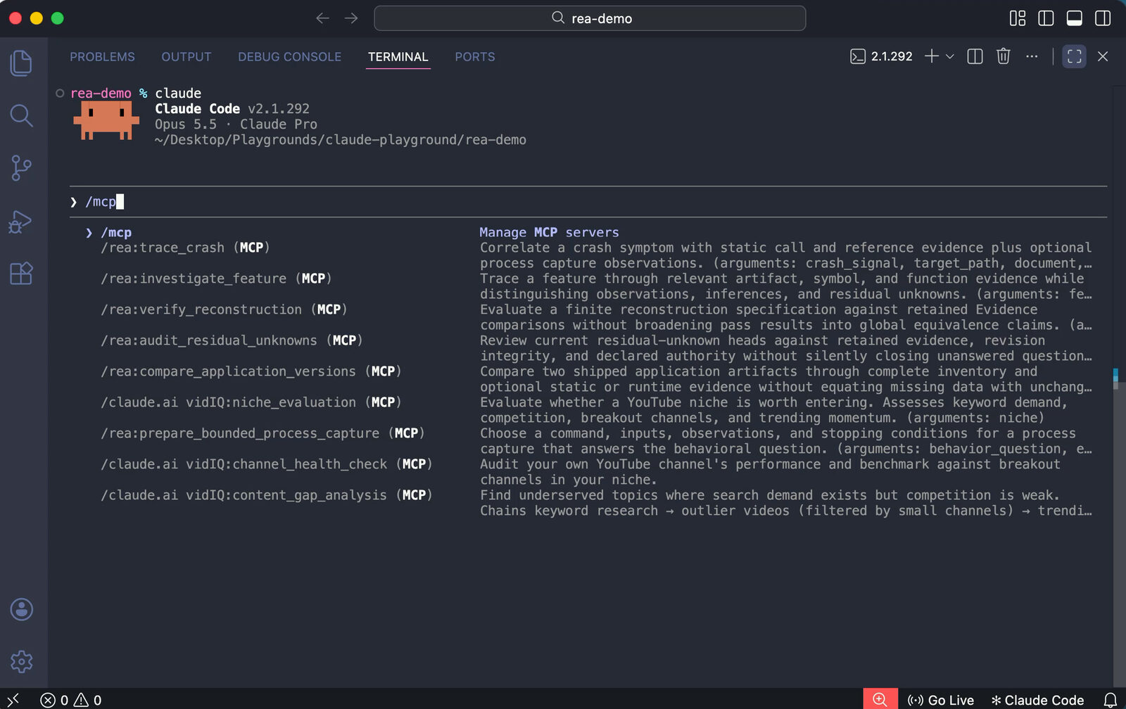 Claude Code’s /mcp list showing the REA tools