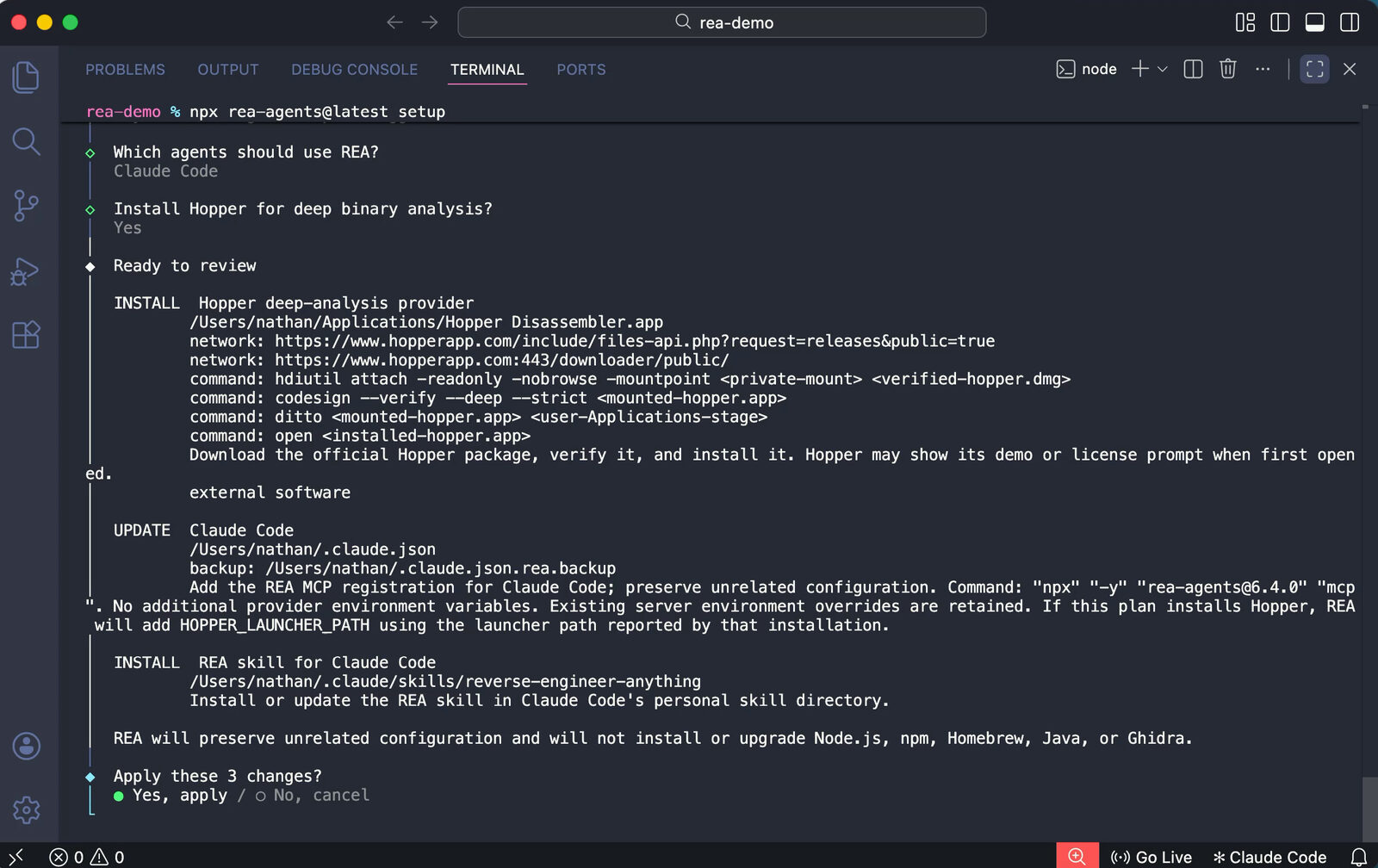 Terminal running the REA setup, installing Hopper and the REA skill for Claude Code